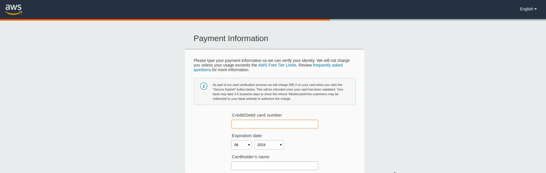 aws account credit card page