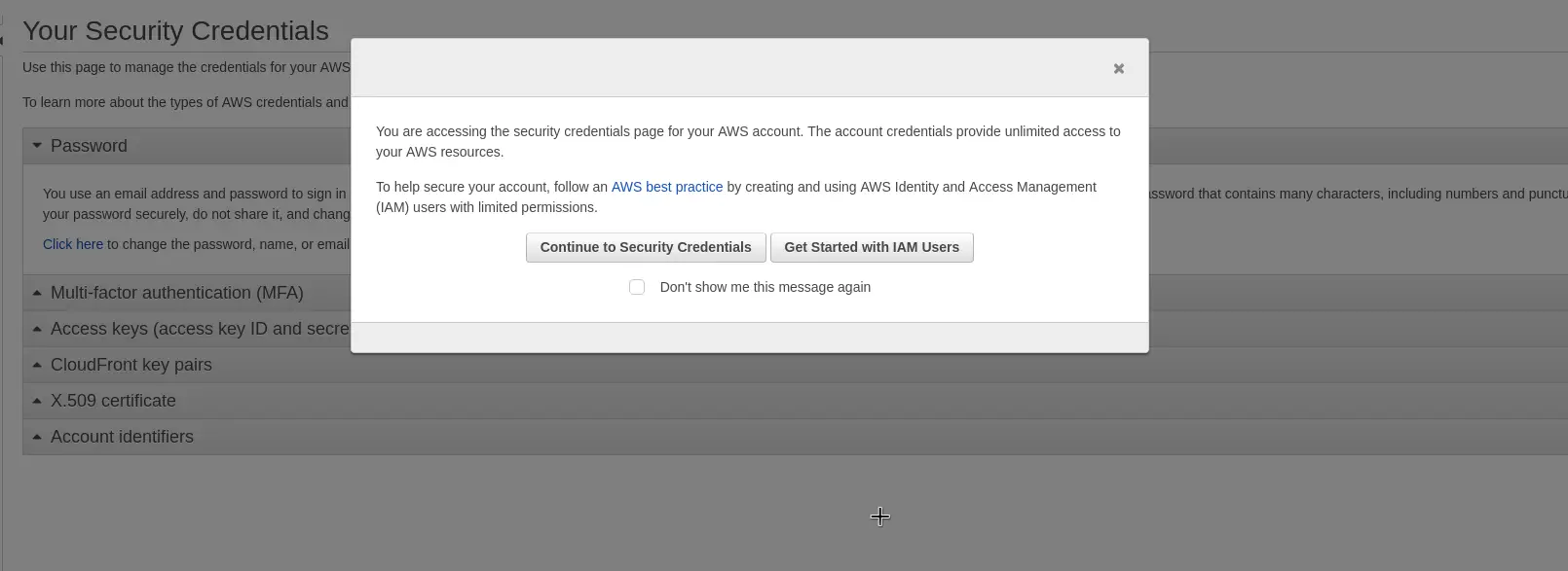 aws iam security credential warning